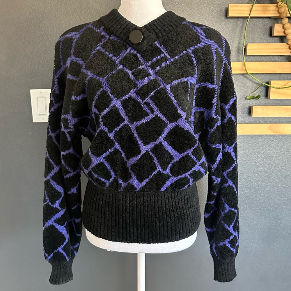 St. John Sport Black & Purple Textured Knit Sweater Petite Small Button Neck